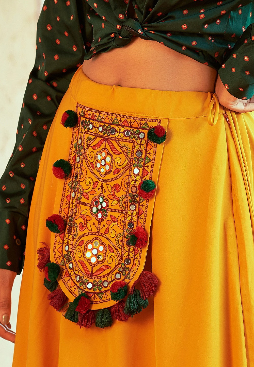 Cotton Printed Layered Skirt Set in Mustard