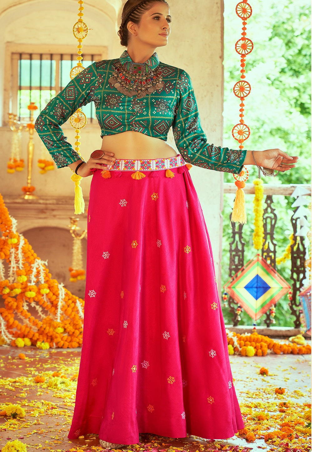 Art Silk Embroidered Shirt and Skirt Set in Pink