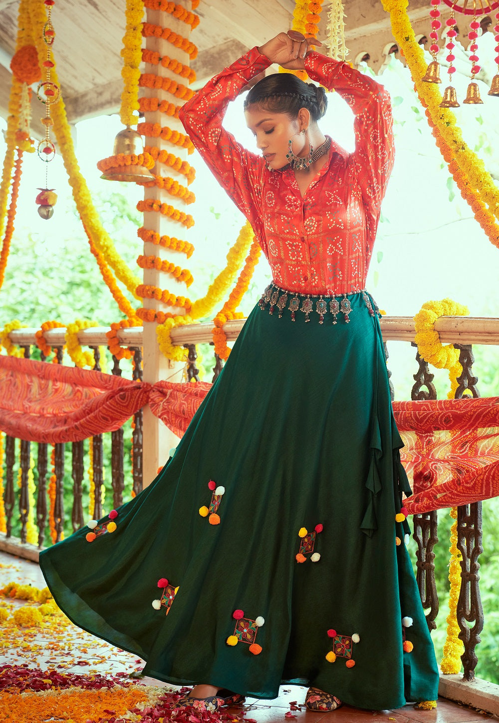 Cotton Embroidered Shirt and Skirt Set in Teal Green