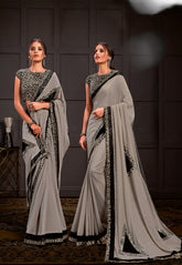 Embroidered Georgette Shimmer Saree in Grey