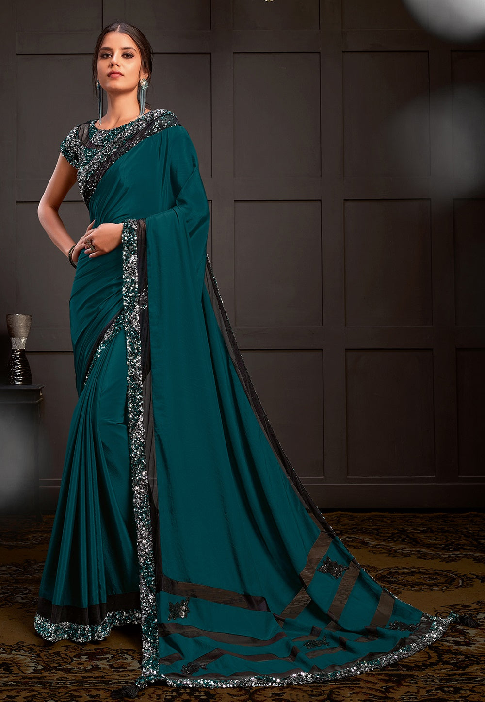 Sequined Georgette Saree in Teal Blue