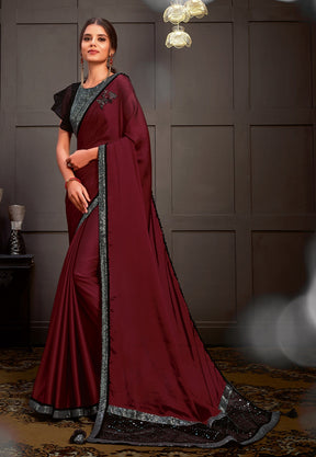Embroidered Satin Georgette Saree in Maroon