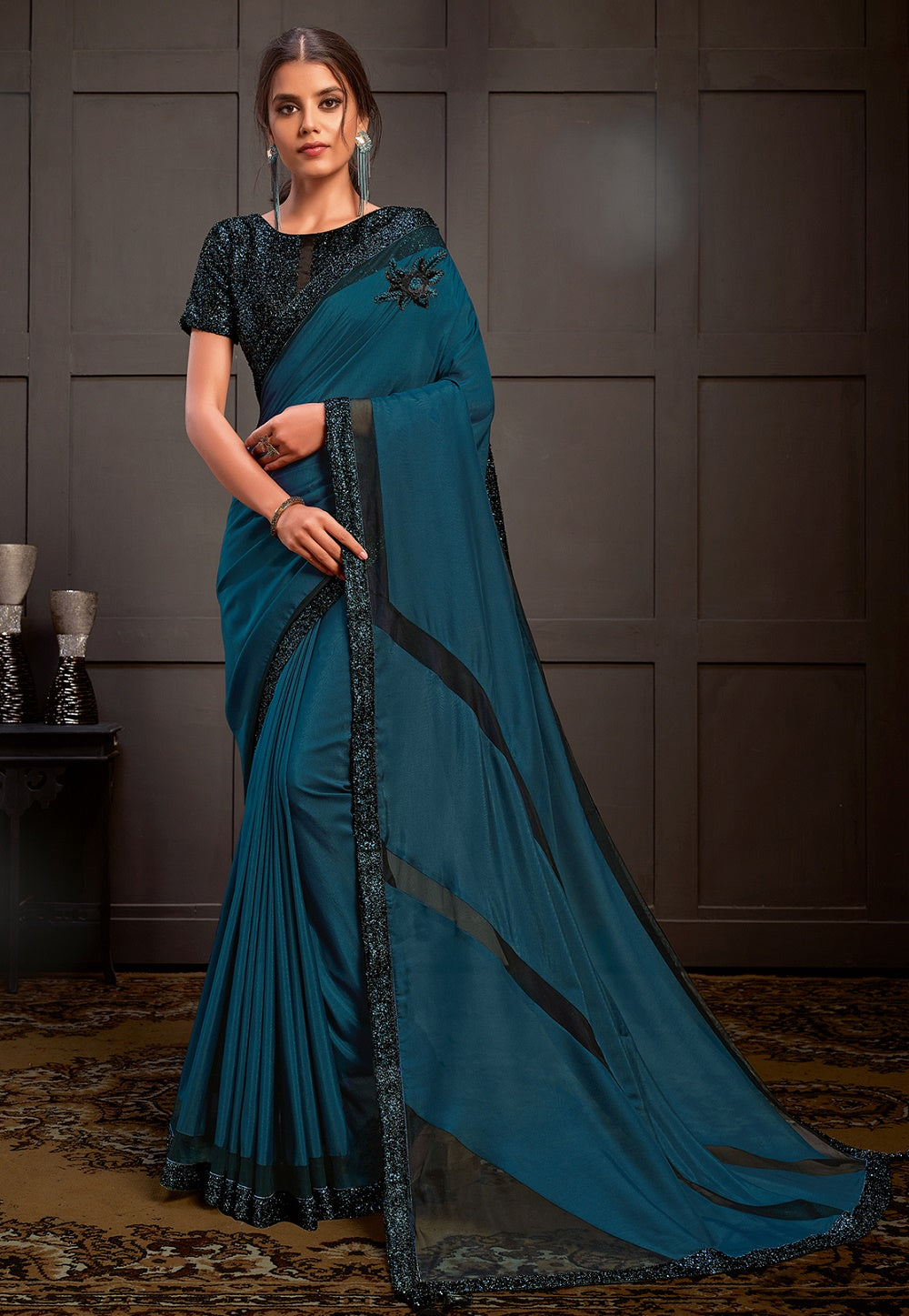 Embroidered Silk Georgette Saree in Teal Blue