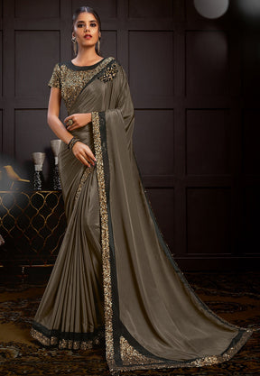 Embroidered Satin Georgette Saree in Brown