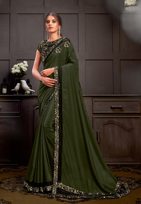 Embroidered Silk Georgette Saree in Olive Green