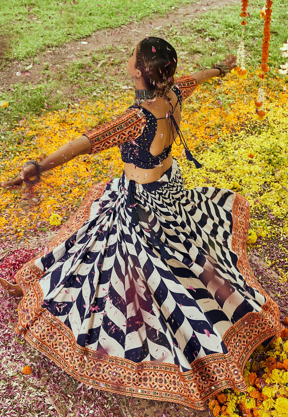 Muslin Cotton Digital Printed Lehenga in Navy Blue and Off White