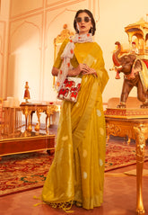 Woven Embroidered Linen Saree in Mustard