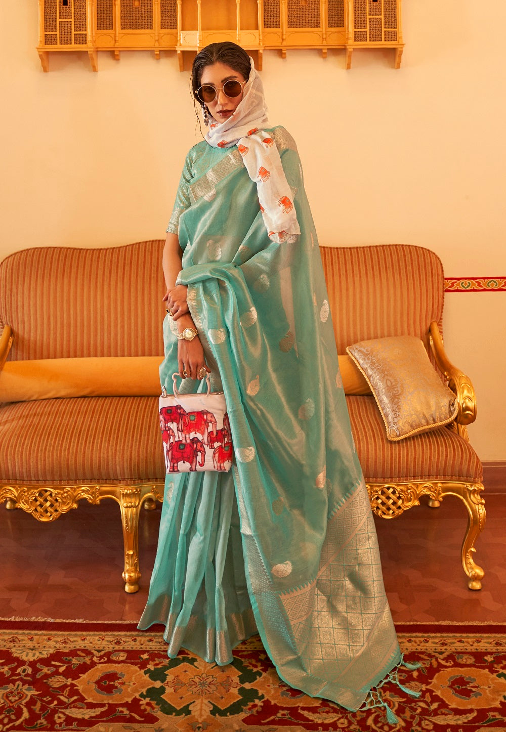 Woven Embroidered Linen Saree in Sea Green