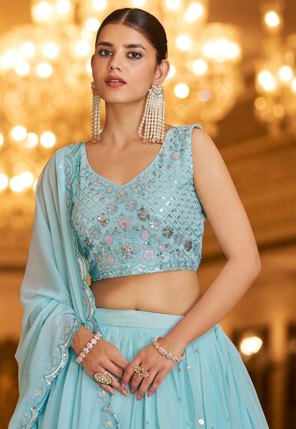 Georgette Embroidered Lehenga in Sky Blue