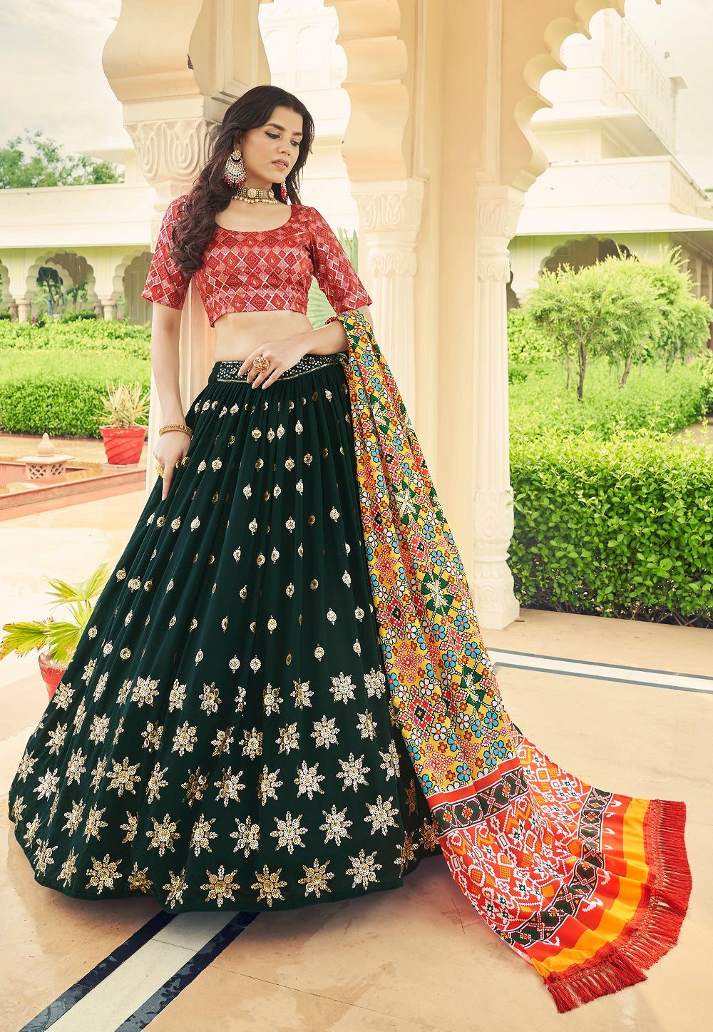 Olive Green Lehenga with Multicolor Blouse Partywear Silk