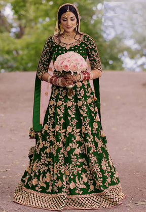 Embroidered Velvet Abaya Style Suit in Green