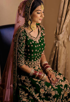 Embroidered Velvet Abaya Style Suit in Green