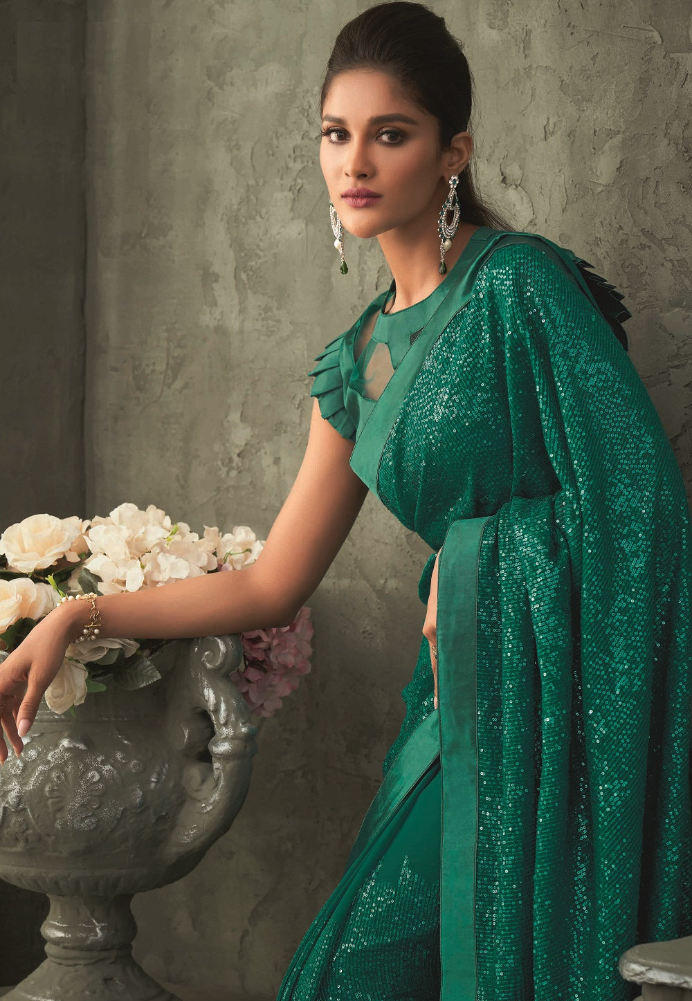 Georgette Sequined Saree in Green