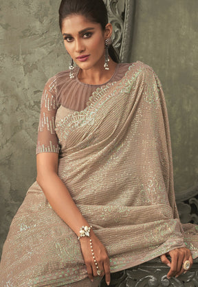 Georgette Sequined Saree in Light Fawn