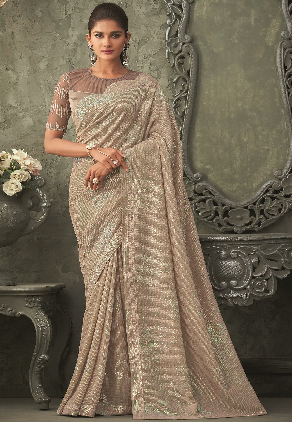 Georgette Sequined Saree in Light Fawn