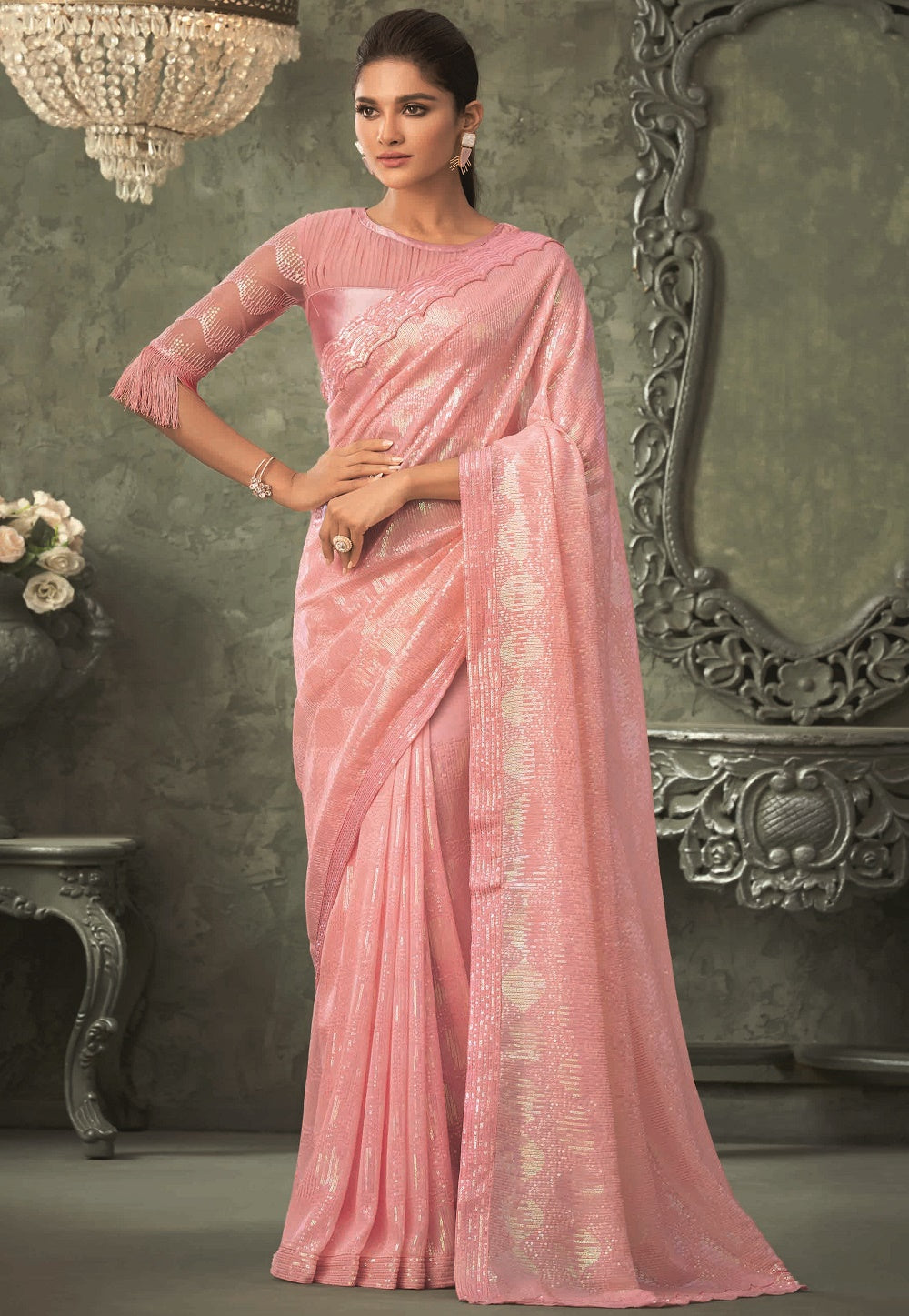 Georgette Sequined Saree in Pink