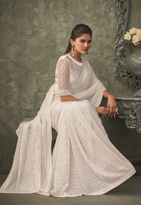 Georgette Sequined Saree in White