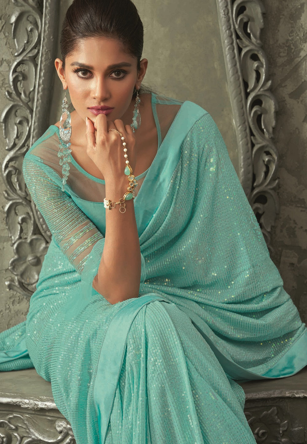Georgette Sequined Saree in Light Turquoise