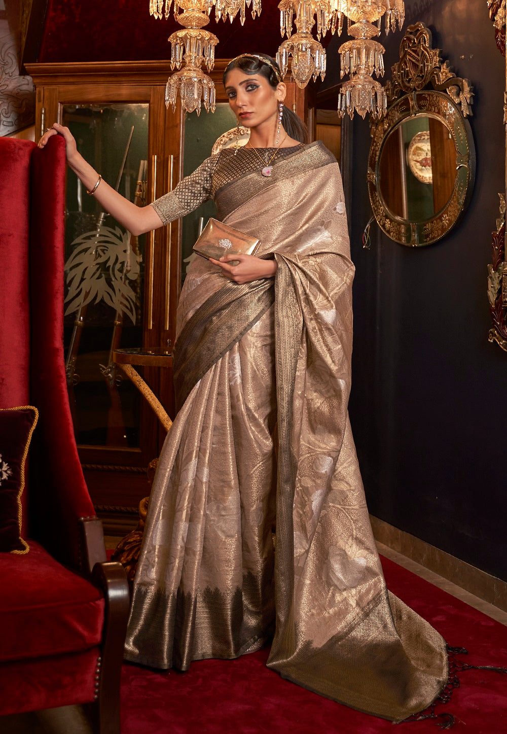 Art Silk Woven Saree in Beige
