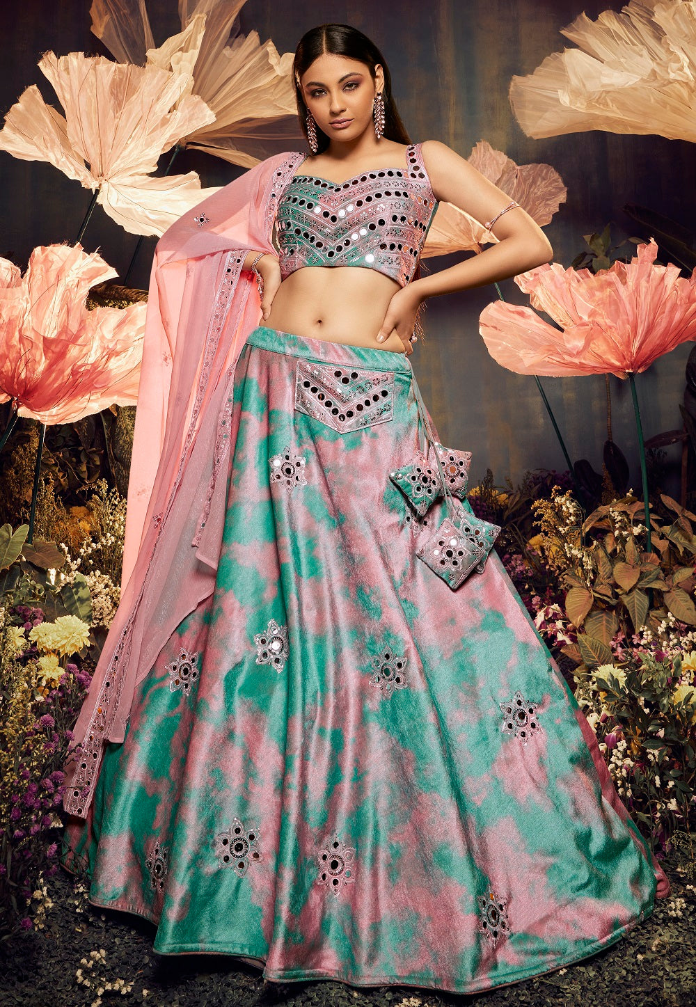 Velvet Embroidered Lehenga in Pink and Green