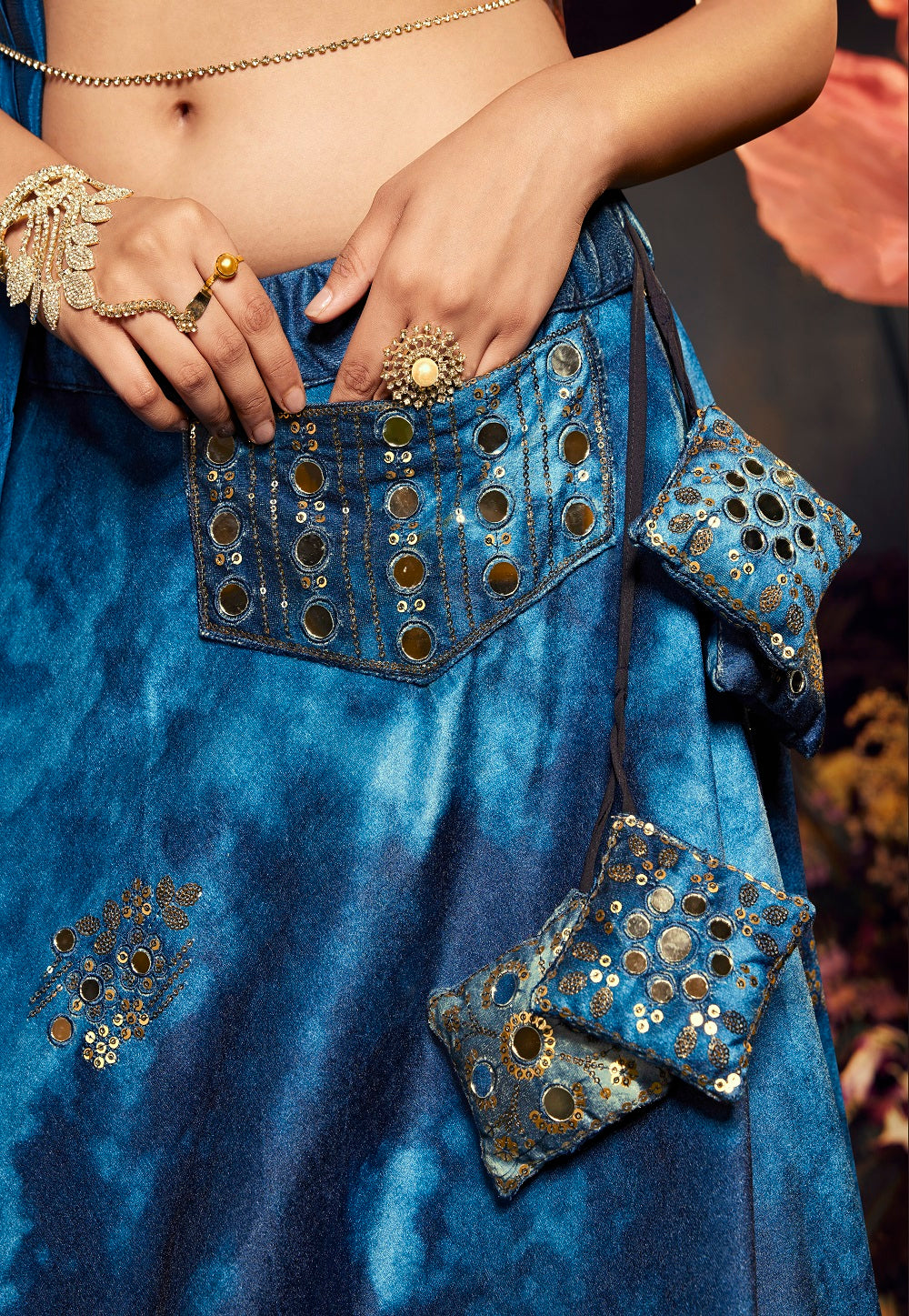 Velvet Embroidered Lehenga in Blue