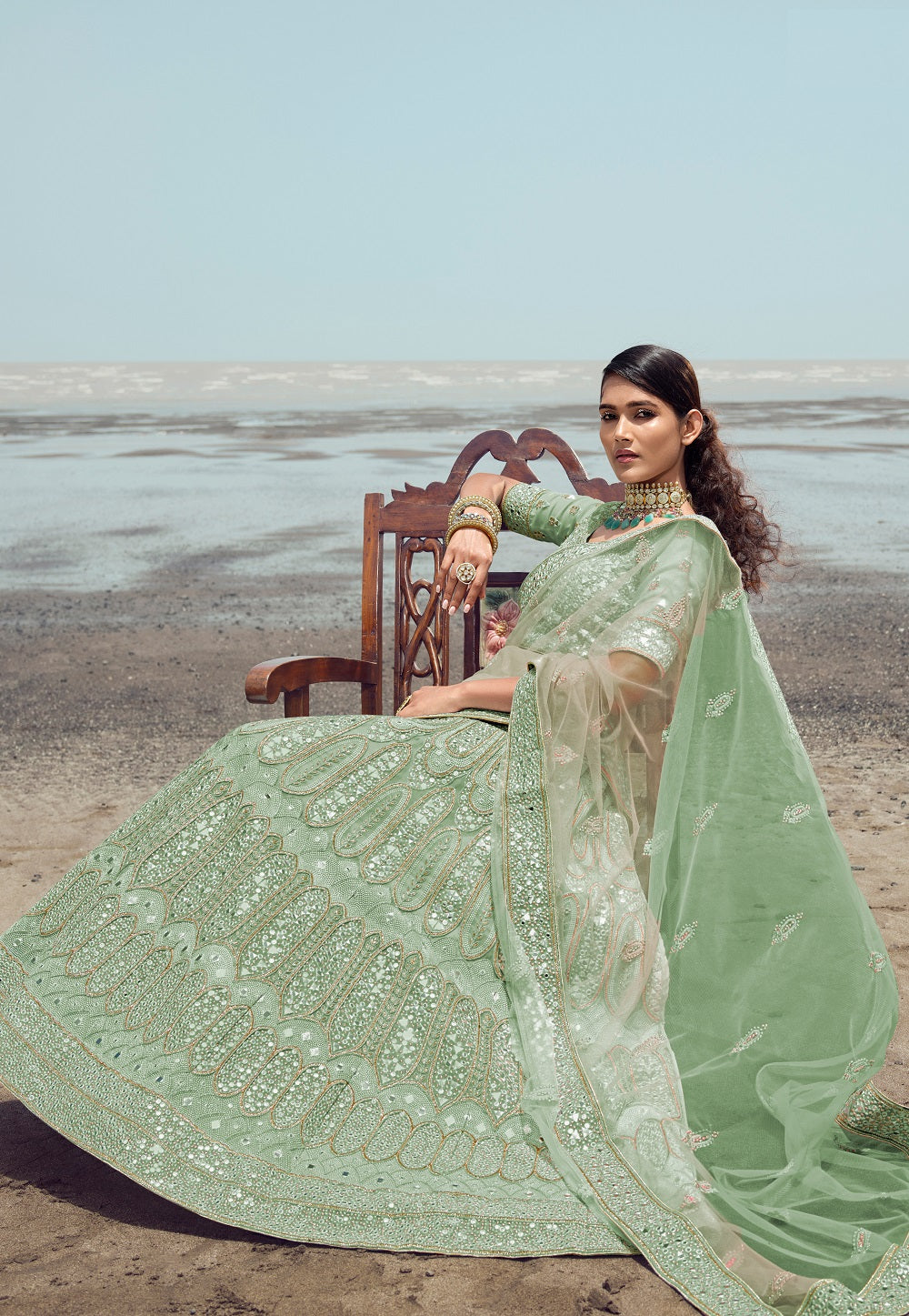 Organza Embroidered Lehenga in Pastel Green