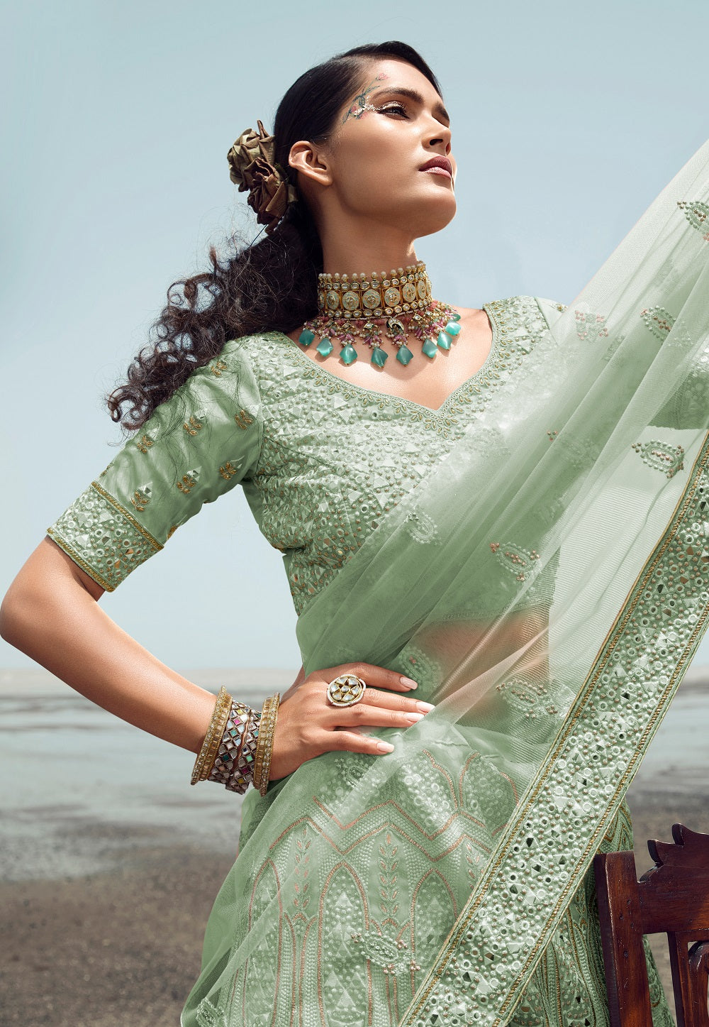 Organza Embroidered Lehenga in Pastel Green