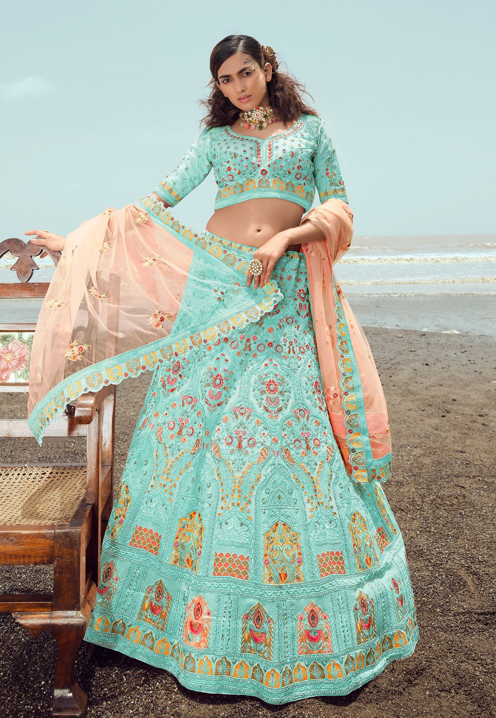 Georgette Embroidered Lehenga in Light Blue