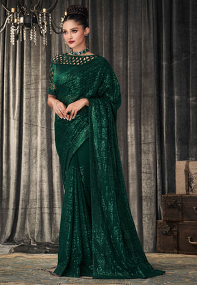 Sequinned Georgette Saree in Dark Green