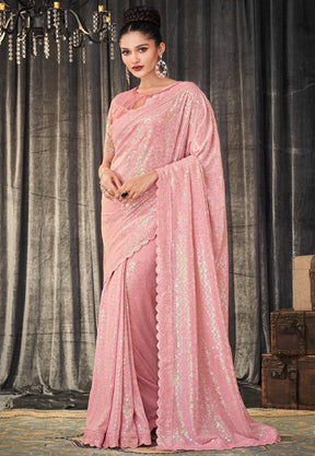 Sequinned Georgette Saree in Peach Pink