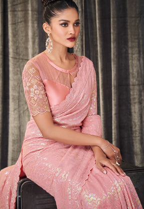 Sequinned Georgette Saree in Peach Pink