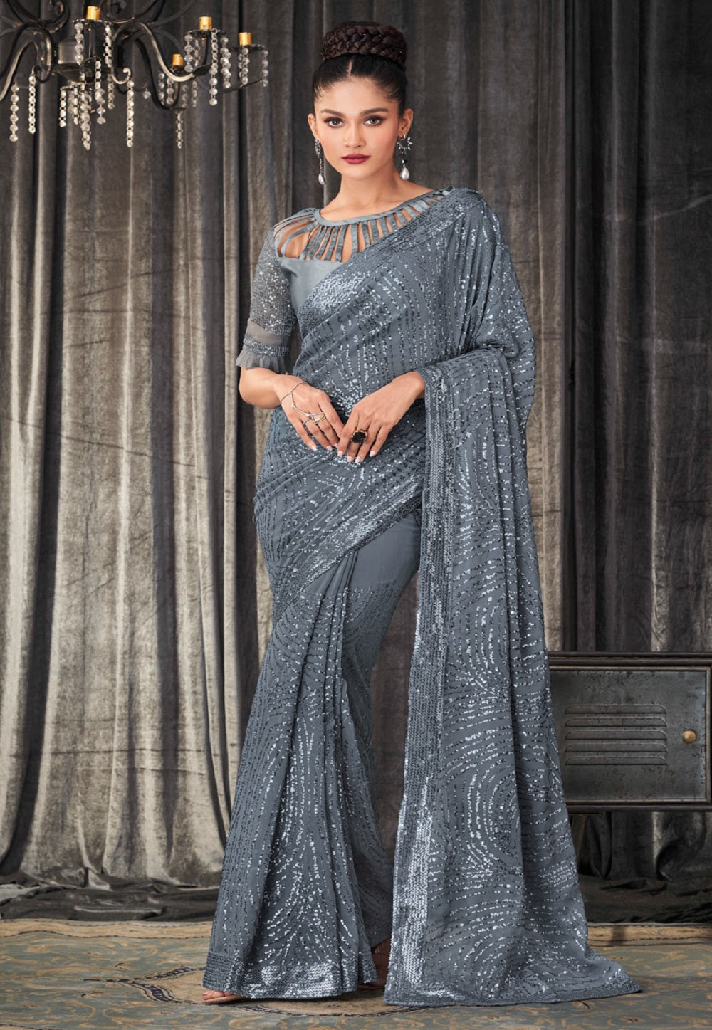 Sequinned Georgette Saree in Grey