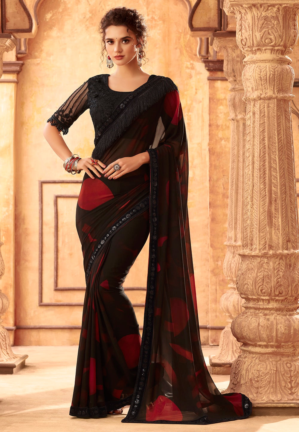 Printed Georgette Saree in Black and Red