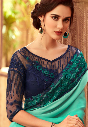 Ombre Satin Georgette Saree in Teal Green and Dark Blue