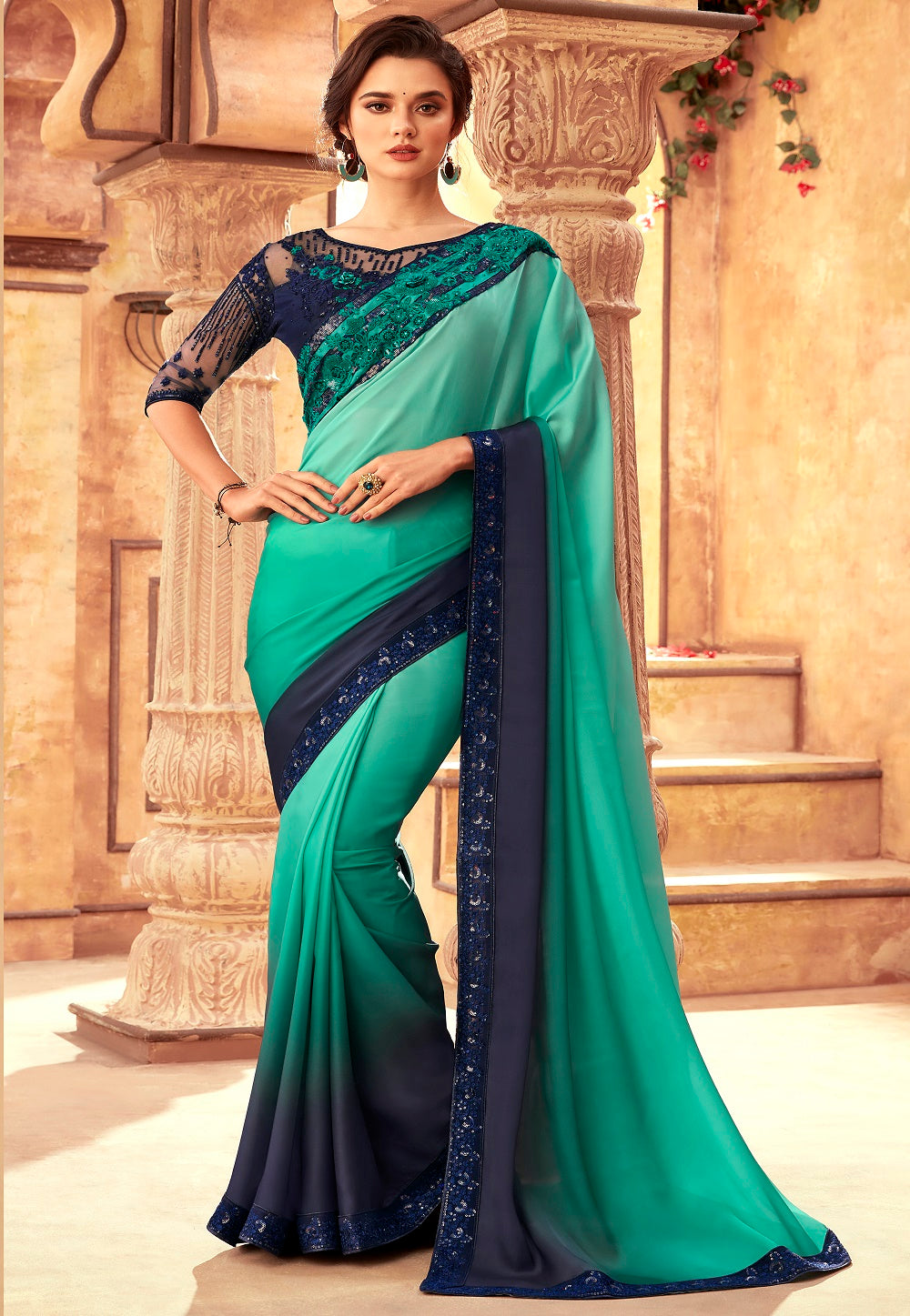 Ombre Satin Georgette Saree in Teal Green and Dark Blue