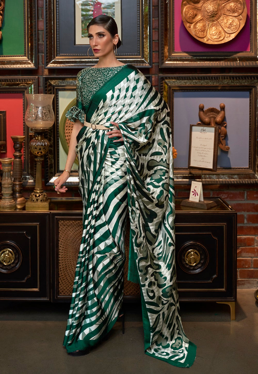 Digital Printed Crepe Saree in Green and Off White