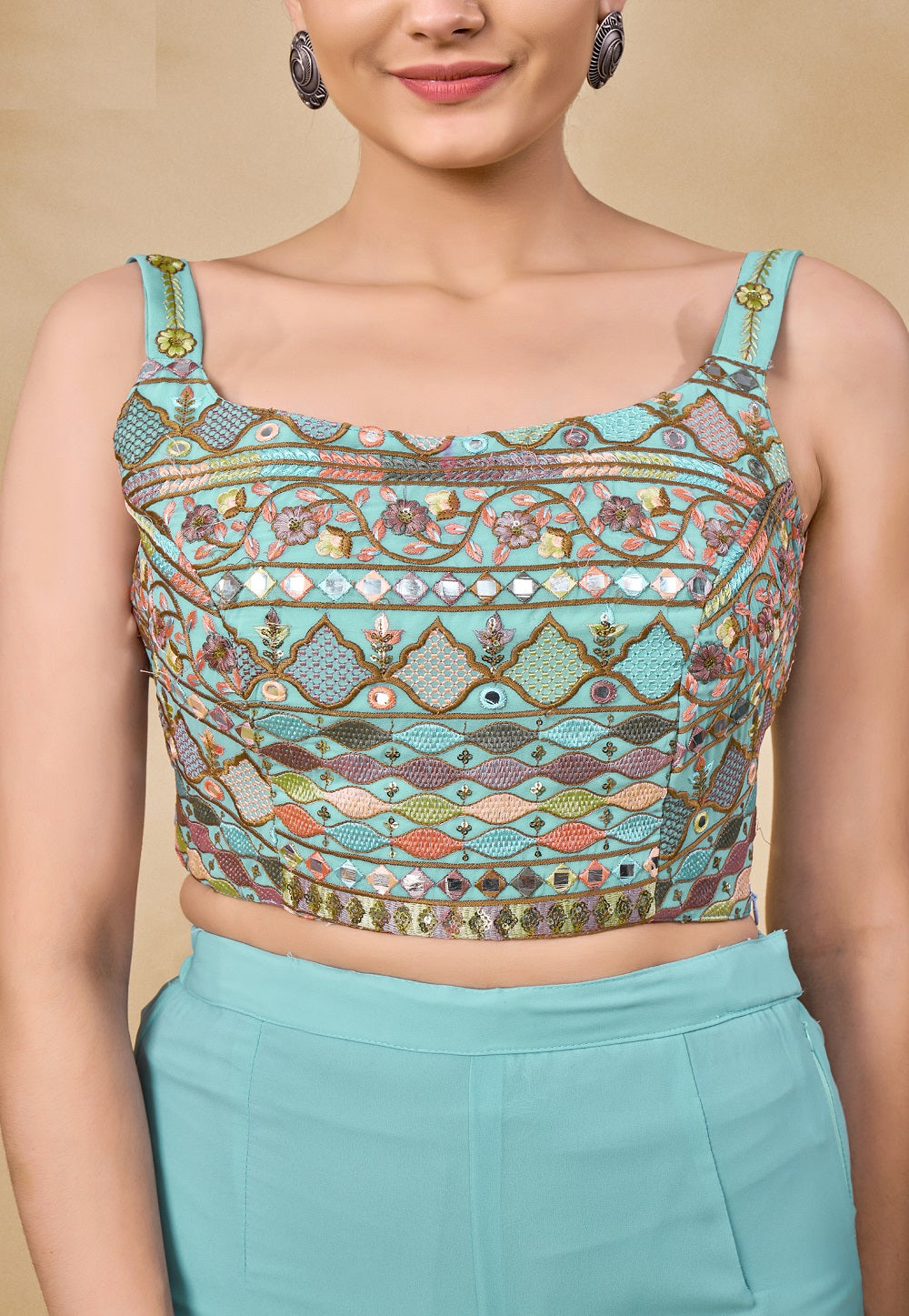 Georgette Embroidered Crop Top Set in Sky Blue