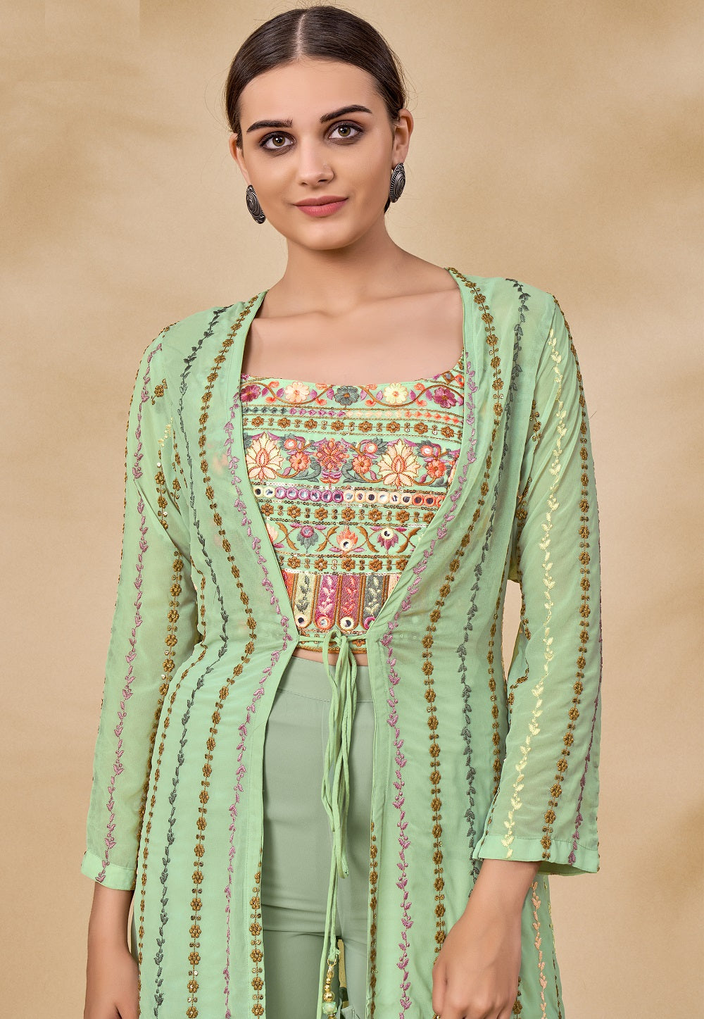 Georgette Embroidered Crop Top Set in Light Green