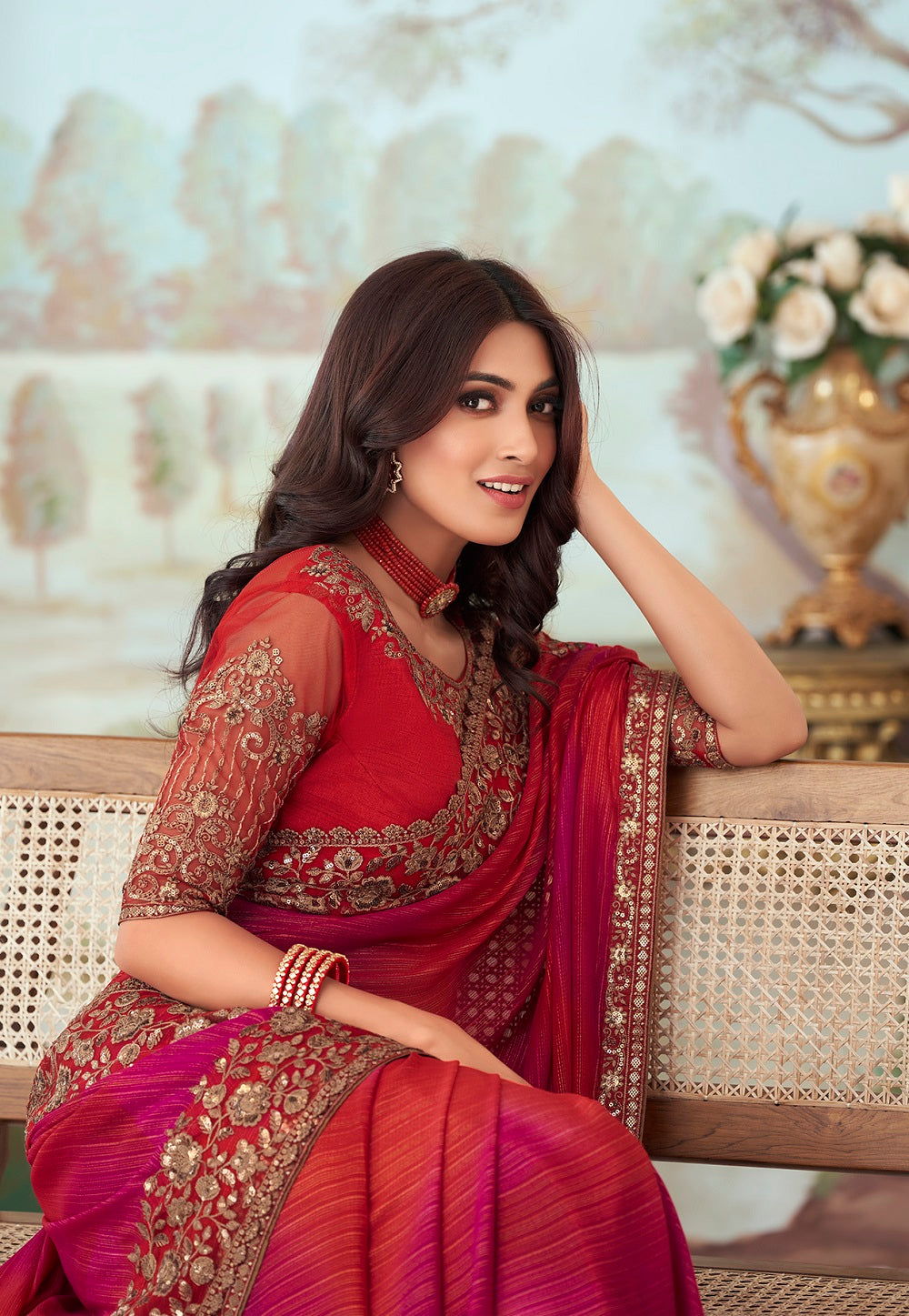 Shimmer Georgette Embroidered Saree in Red and Megenta