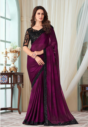 Georgette Silk Embroidered Saree in Purple