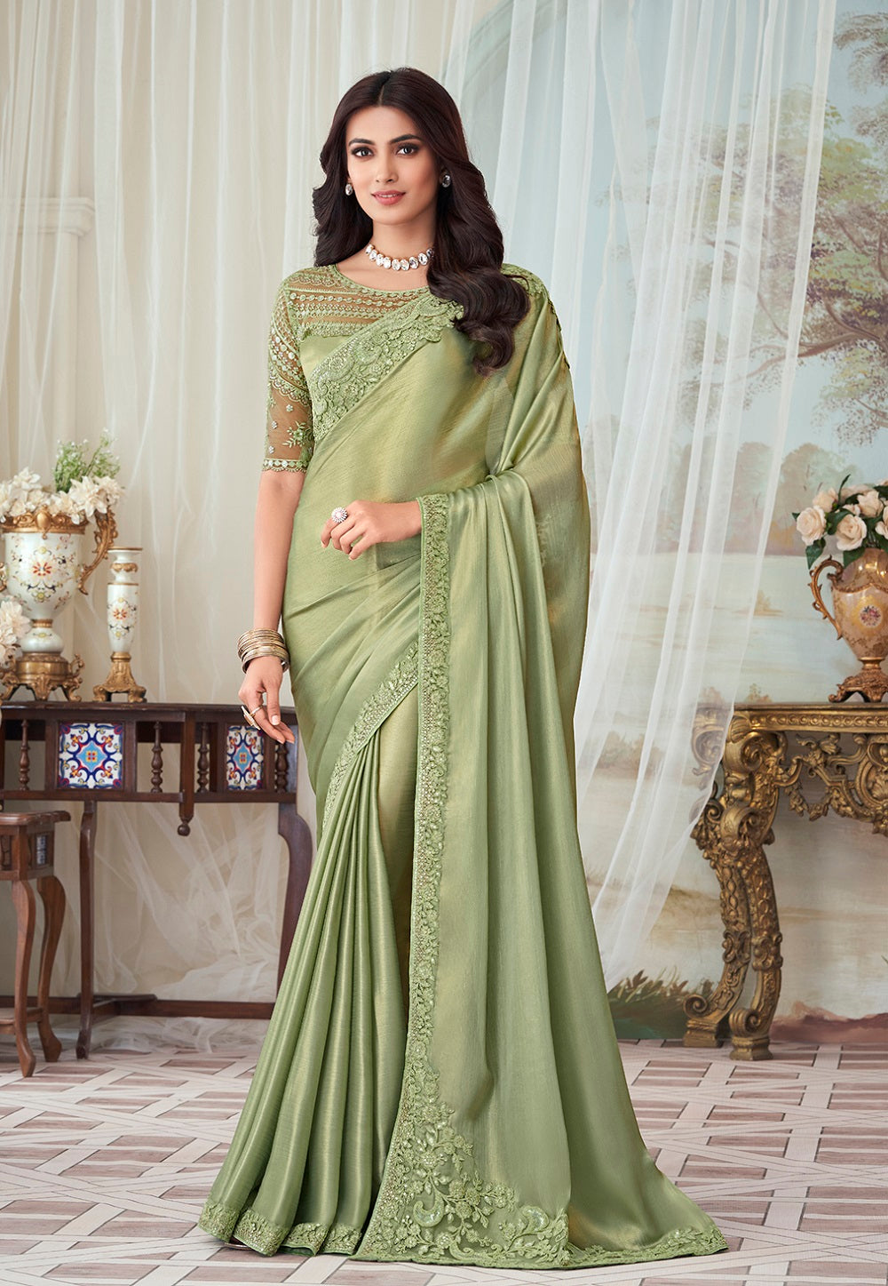 Shimmer Georgette Embroidered Saree in Light Green