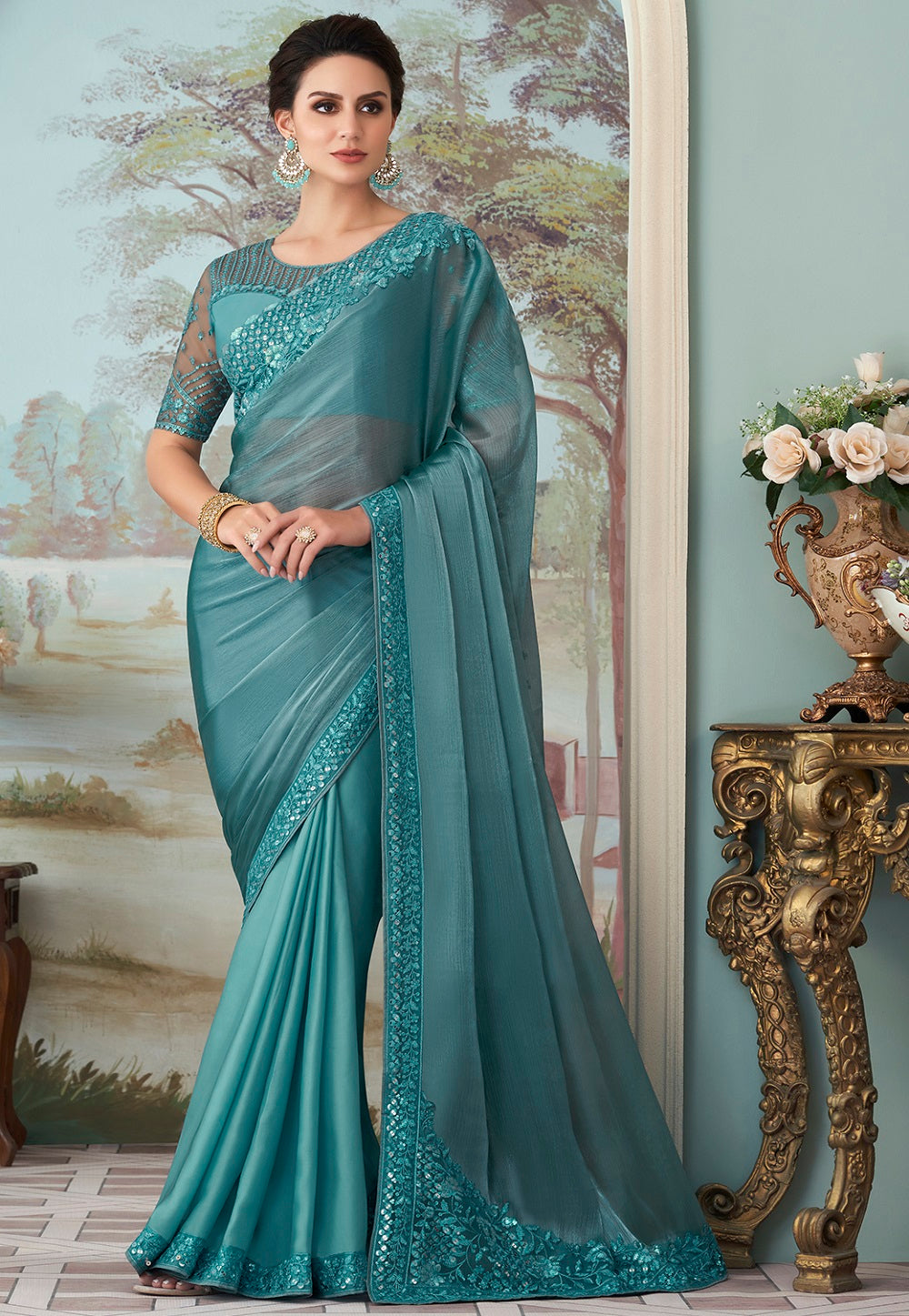 Georgette Silk Embroidered Saree in Teal Blue