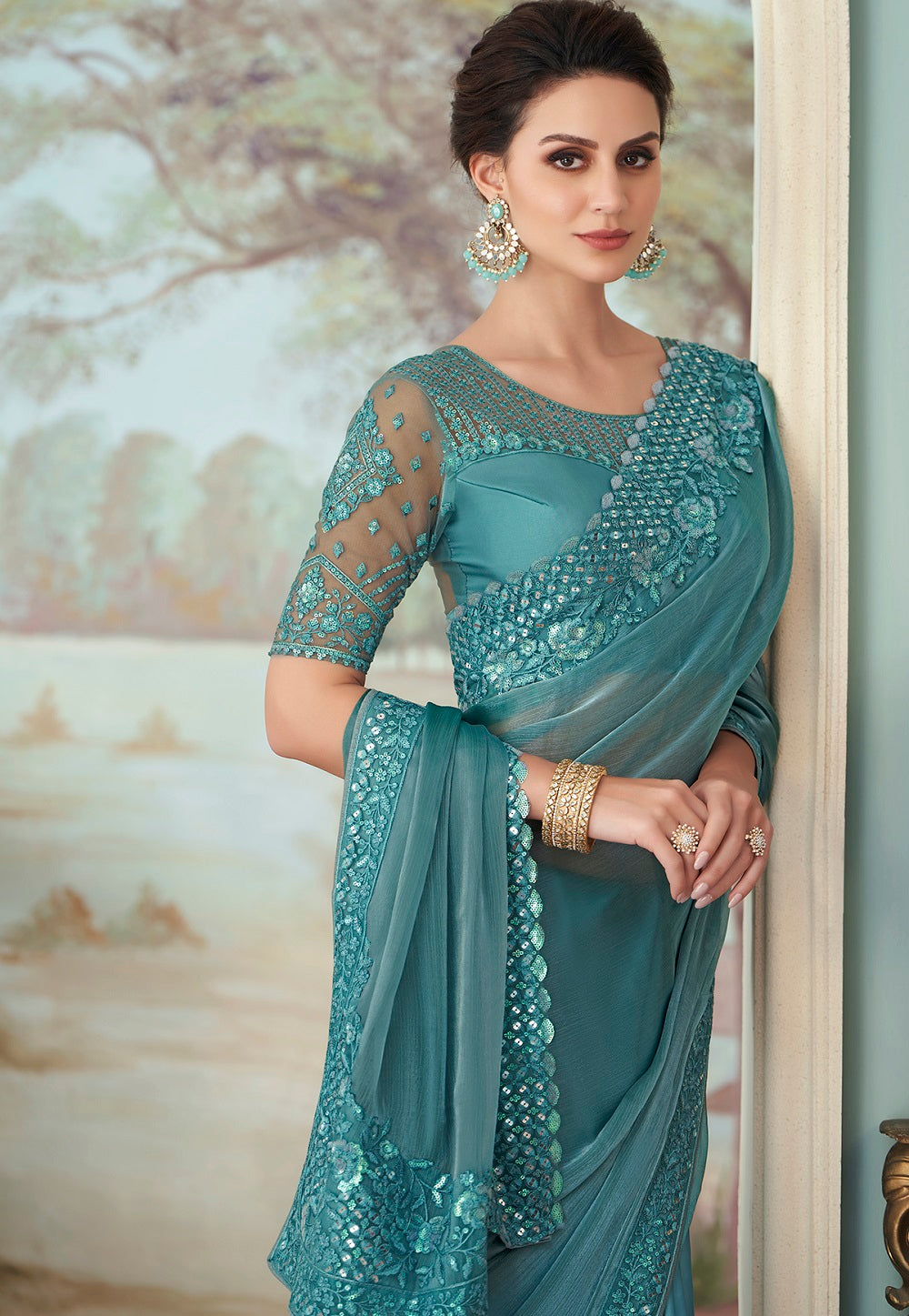 Georgette Silk Embroidered Saree in Teal Blue
