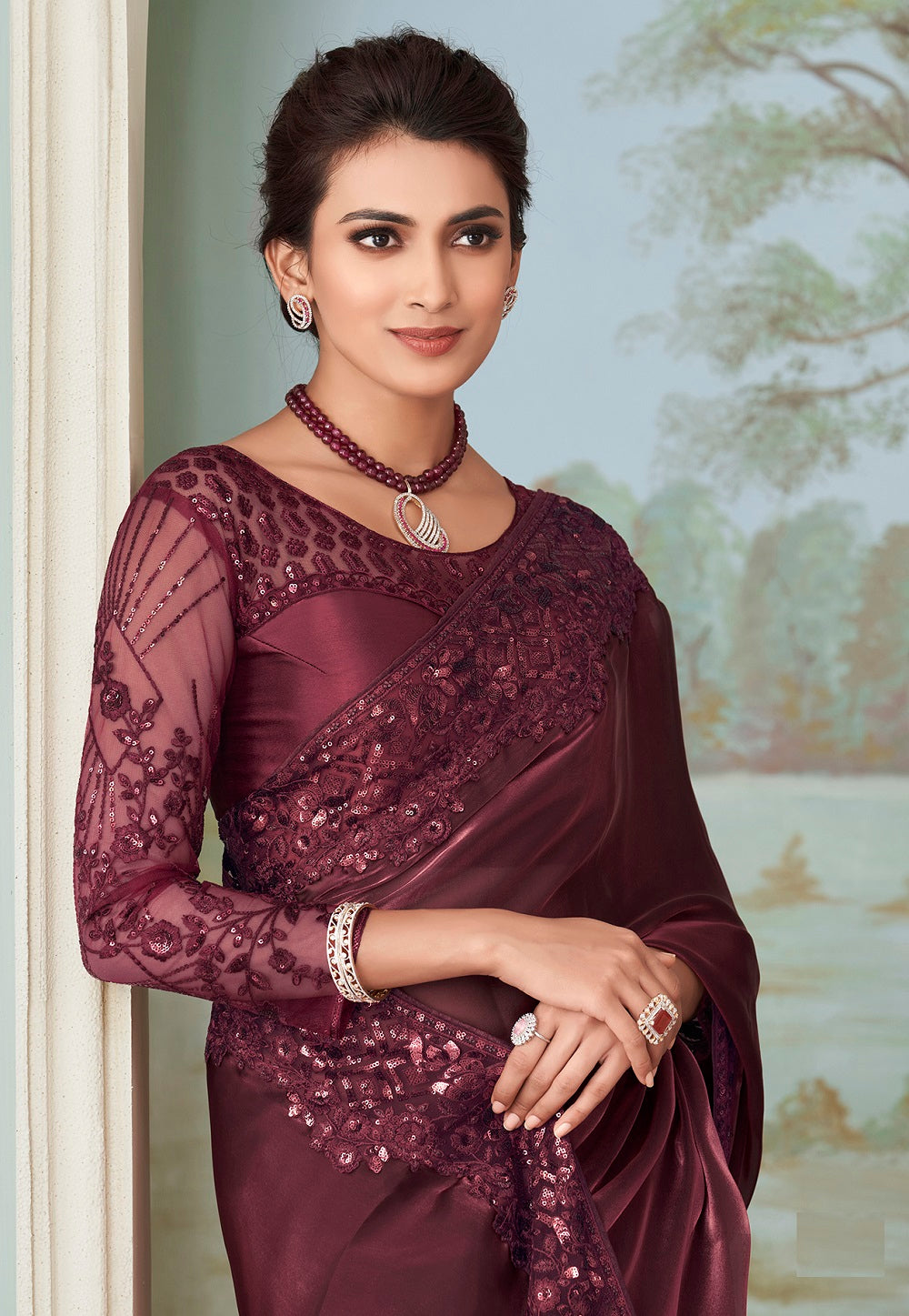 Shimmer Georgette Embroidered Saree in Maroon