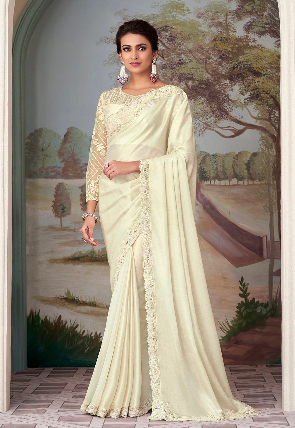 Shimmer Georgette Embroidered Saree in Cream