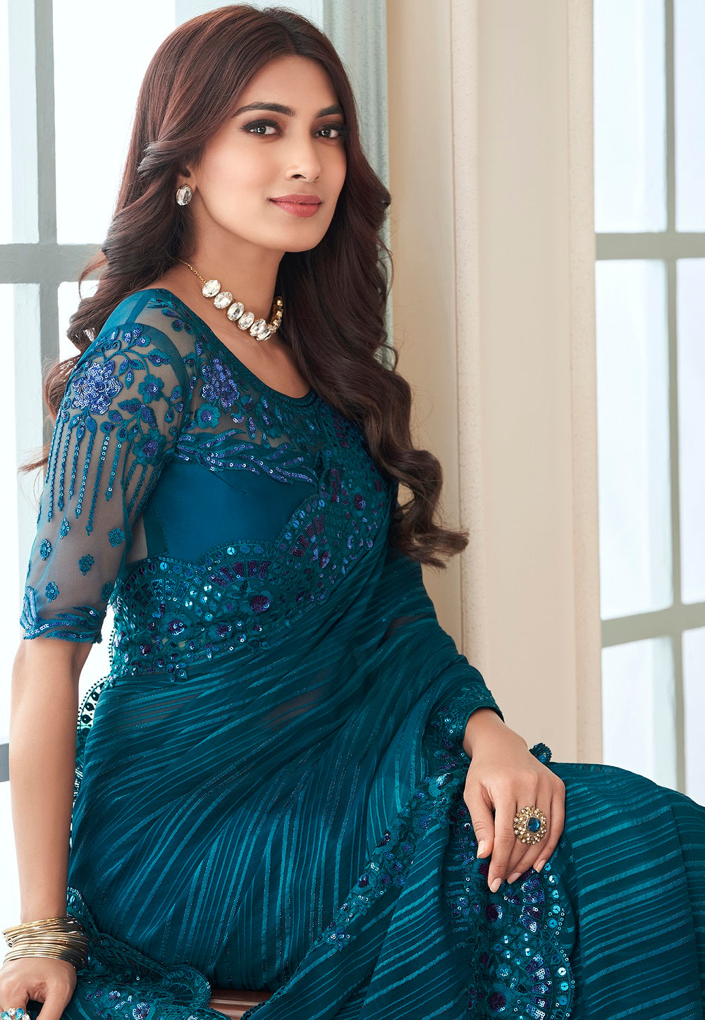 Shimmer Georgette Embroidered Saree in Teal Blue