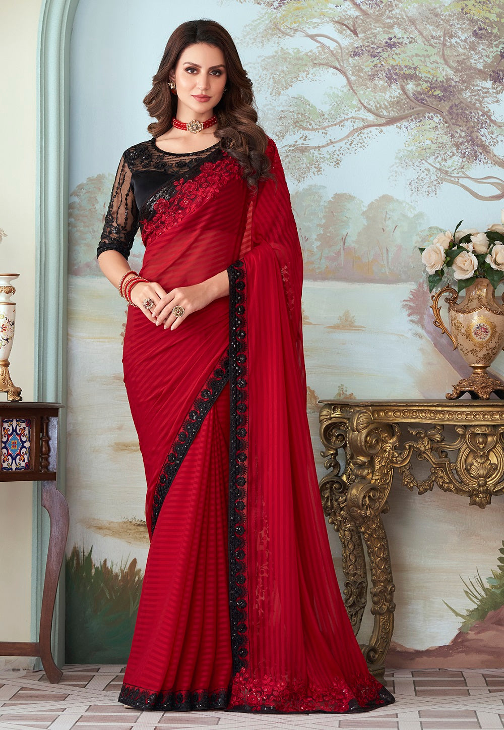 Georgette Silk Embroidered Saree in Red