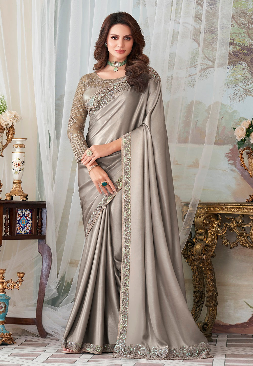 Shimmer Georgette Embroidered Saree in Grey