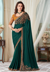 Georgette Silk Embroidered Saree in Teal Green