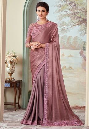 Shimmer Georgette Embroidered Saree in Old Rose